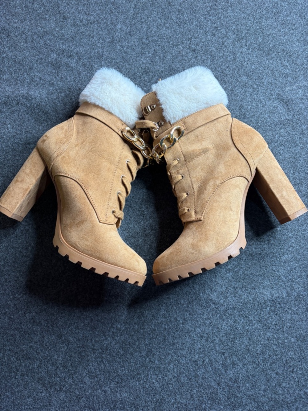 Faux-Shearling Lug Heel Ankle Boots in Camel